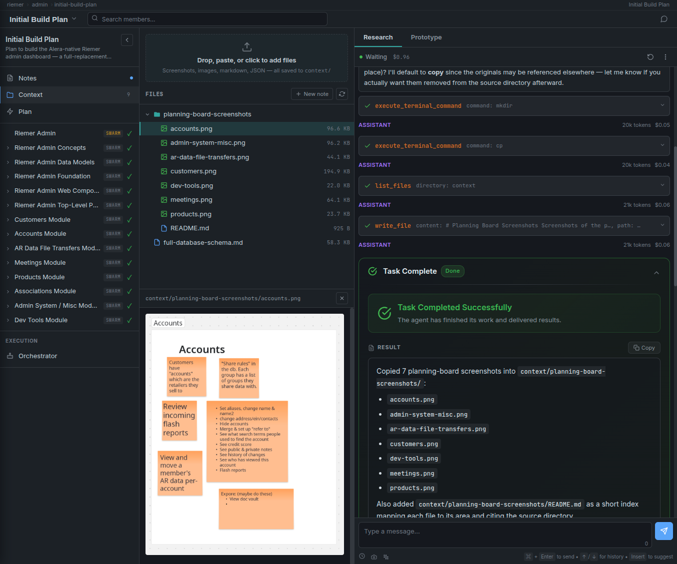Context view with a Files browser showing a planning-board-screenshots folder containing accounts.png, admin-system-misc.png, ar-data-file-transfers.png, customers.png, dev-tools.png, meetings.png, products.png, and README.md. The currently selected file — accounts.png — is previewed below, showing a digital whiteboard with sticky notes about Accounts module behavior. On the right, a Research agent conversation log shows the agent running execute_terminal_command and list_files and write_file tools, then a Task Complete panel summarizing that 7 screenshots were copied into context/planning-board-screenshots/ along with a README index file.