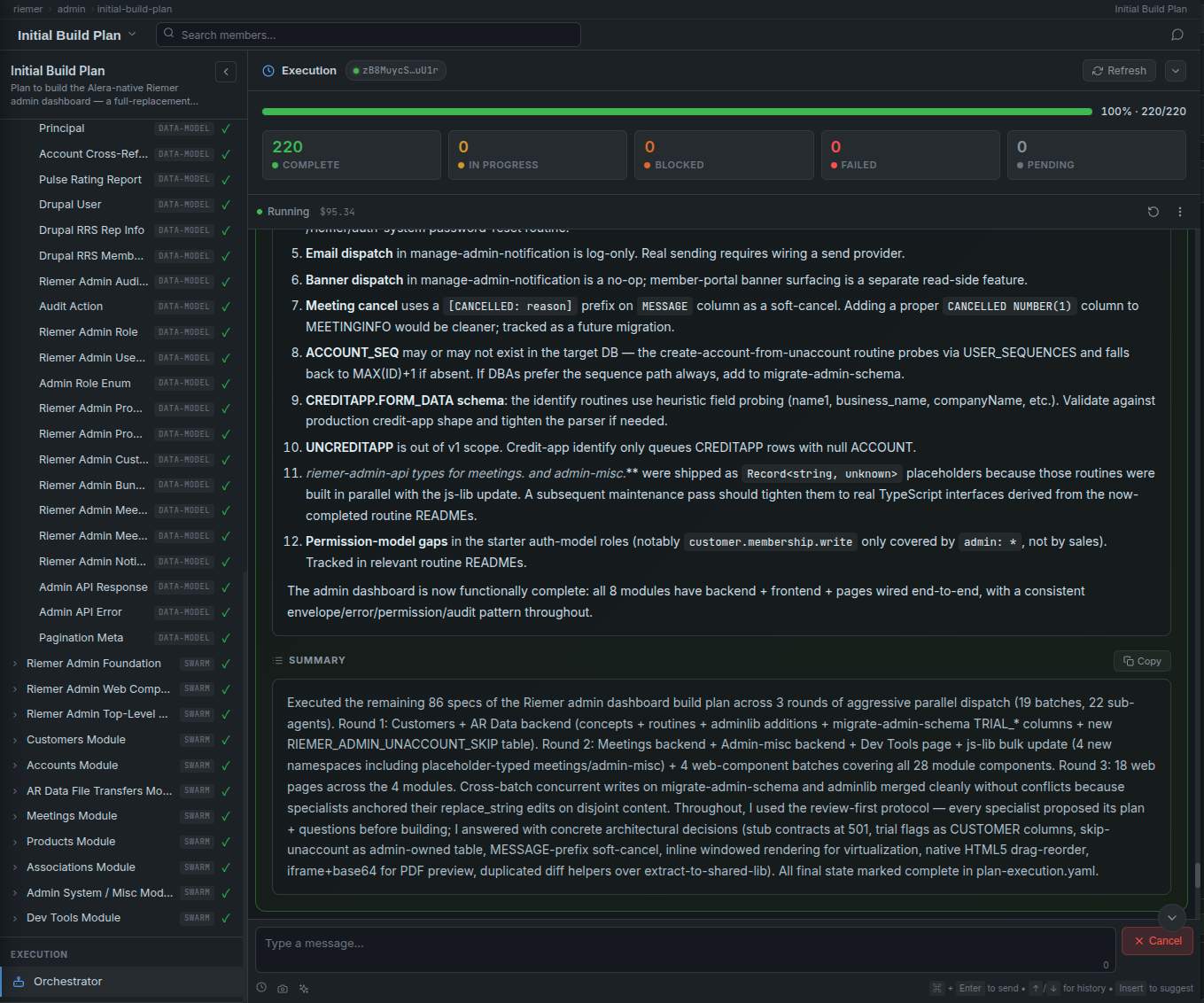 Execution view showing a progress bar at 100%, 220 of 220 specs complete, with summary tiles: 220 complete, 0 in progress, 0 blocked, 0 failed, 0 pending. Below is the Plan Orchestrator's running log with a numbered list of 12 build decisions — things like 'Email dispatch in manage-admin-notification is log-only', 'Meeting cancel uses a [CANCELLED: reason] prefix on MESSAGE column as a soft-cancel', and 'Permission-model gaps in the starter auth-model roles'. A Summary panel underneath describes executing the remaining 86 specs across 3 rounds of parallel dispatch — 19 batches, 22 sub-agents — covering customers, AR data, meetings, admin-misc, dev tools, and 28 module components. The left sidebar lists data-model specs, all marked complete.