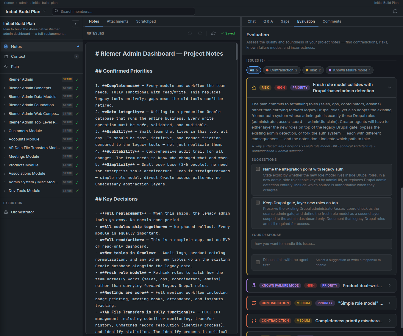 Continued Evaluation view showing an Issues list with 5 items tagged by category — Contradiction, Risk, Known failure mode. One high-priority Risk is expanded: 'Fresh role model collides with Drupal-based admin detection.' It contains a detailed explanation of the architectural collision, a 'why surfaced' breadcrumb pointing to the exact notes path, two suggestion checkboxes, a free-text response field, and a disabled 'Discuss this with the agent first' option.