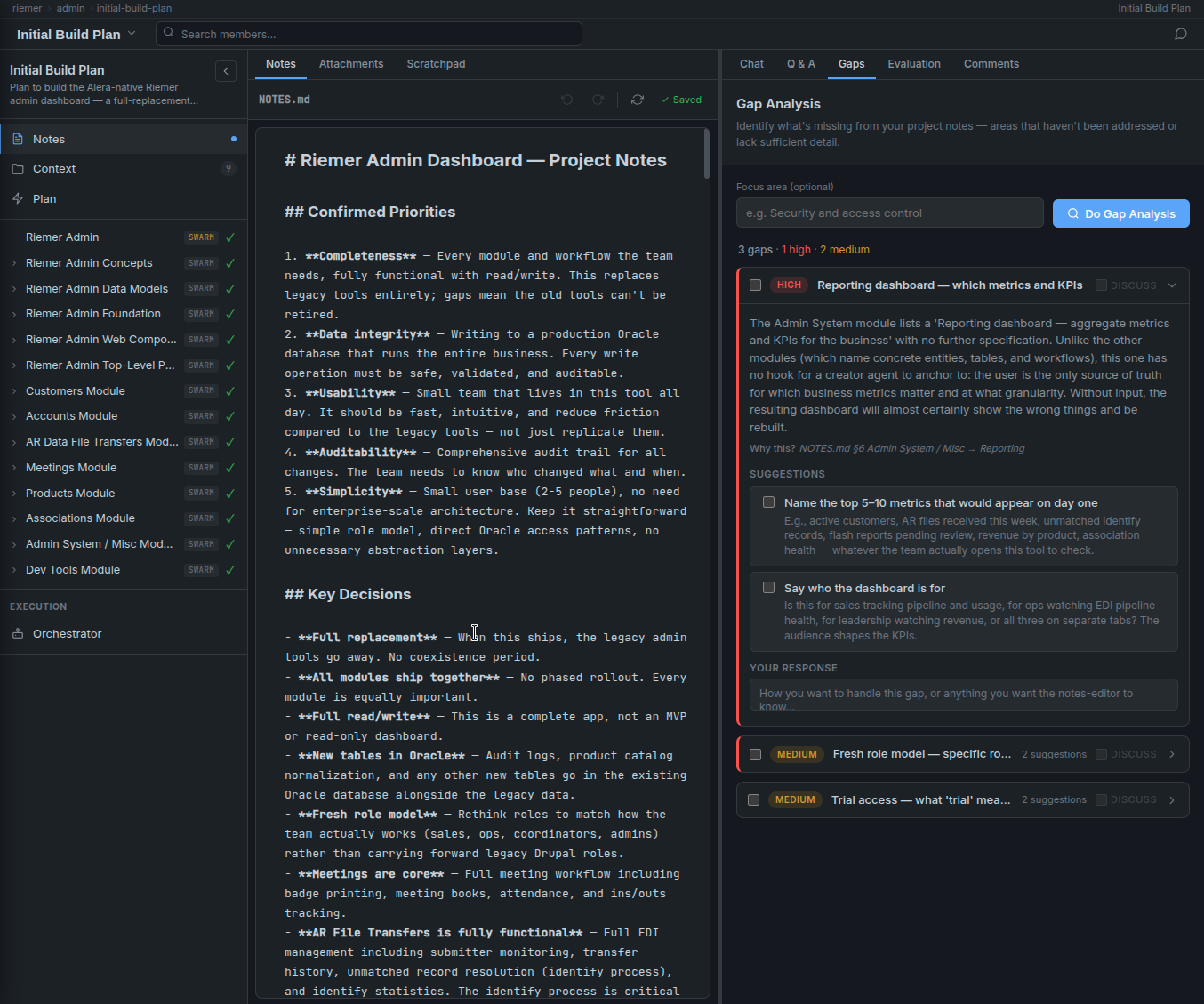 The same notes view with the Gaps tab selected on the right. A Gap Analysis panel lists 3 identified gaps — 1 high priority and 2 medium — with the first expanded: 'Reporting dashboard — which metrics and KPIs' flagged HIGH, with a 'Why this?' explanation pointing to the specific section of the notes, two concrete suggestions presented as checkboxes, and a free-text response field.