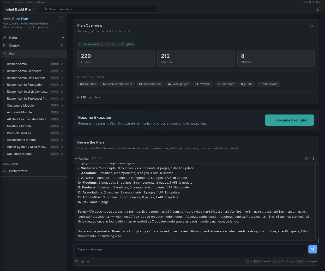 Alera Planning — a Plan Overview showing 220 specs across 8 artifact types, all complete, with a resume-execution button and a revision chat panel.