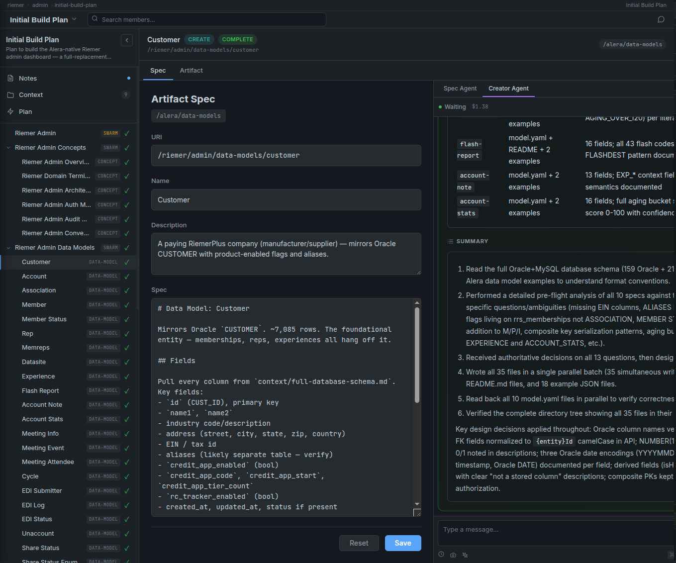 Spec detail view for the Customer data-model spec, showing it as status COMPLETE and of mode CREATE. The Artifact Spec form fields show URI, Name (Customer), Description, and a multi-line Spec field with the full data model definition — fields pulled from Oracle's CUSTOMER table, aliases, credit application tracking, tier count, account status. The right panel shows a Creator Agent conversation log with a detailed summary of the agent's work — reading the 159-column schema, performing pre-flight analysis, resolving 13 ambiguities, writing 35 files in parallel including 10 model.yaml files and 18 JSON example files, then verifying the tree. Six numbered steps document the process.