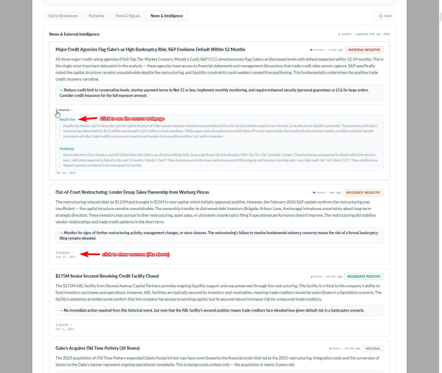 Same News and Intelligence tab with the sources for the first event expanded — showing two underlying sources, Retail Dive and TheStreet, each with the specific paragraph and quote that was extracted as evidence.