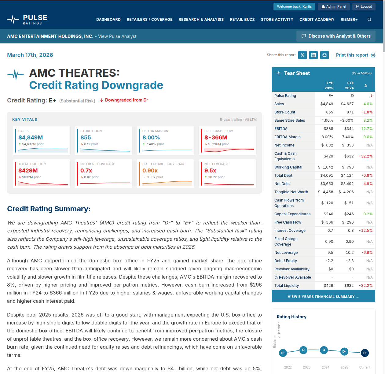 Pulse Ratings — a light-themed publication-grade credit rating report page showing the AMC Theatres credit rating downgrade, tear sheet, key vitals, and rating history chart.