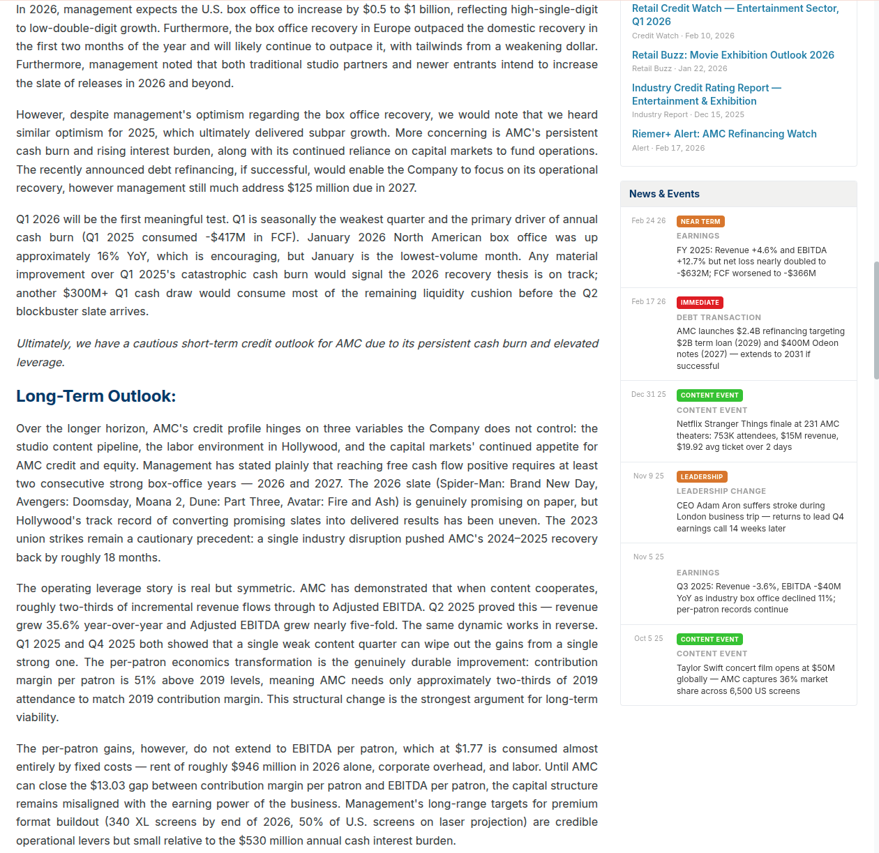 Prototype 2 body continuing into Short-Term Outlook and Long-Term Outlook sections with multi-paragraph analysis of the $2.4B refinancing, the 2023 Hollywood strikes, per-patron economics vs EBITDA-per-patron, and the studio content pipeline. The sidebar shows related coverage and a News & Events feed with five timestamped events tagged as earnings, debt transaction, content event, and leadership change.